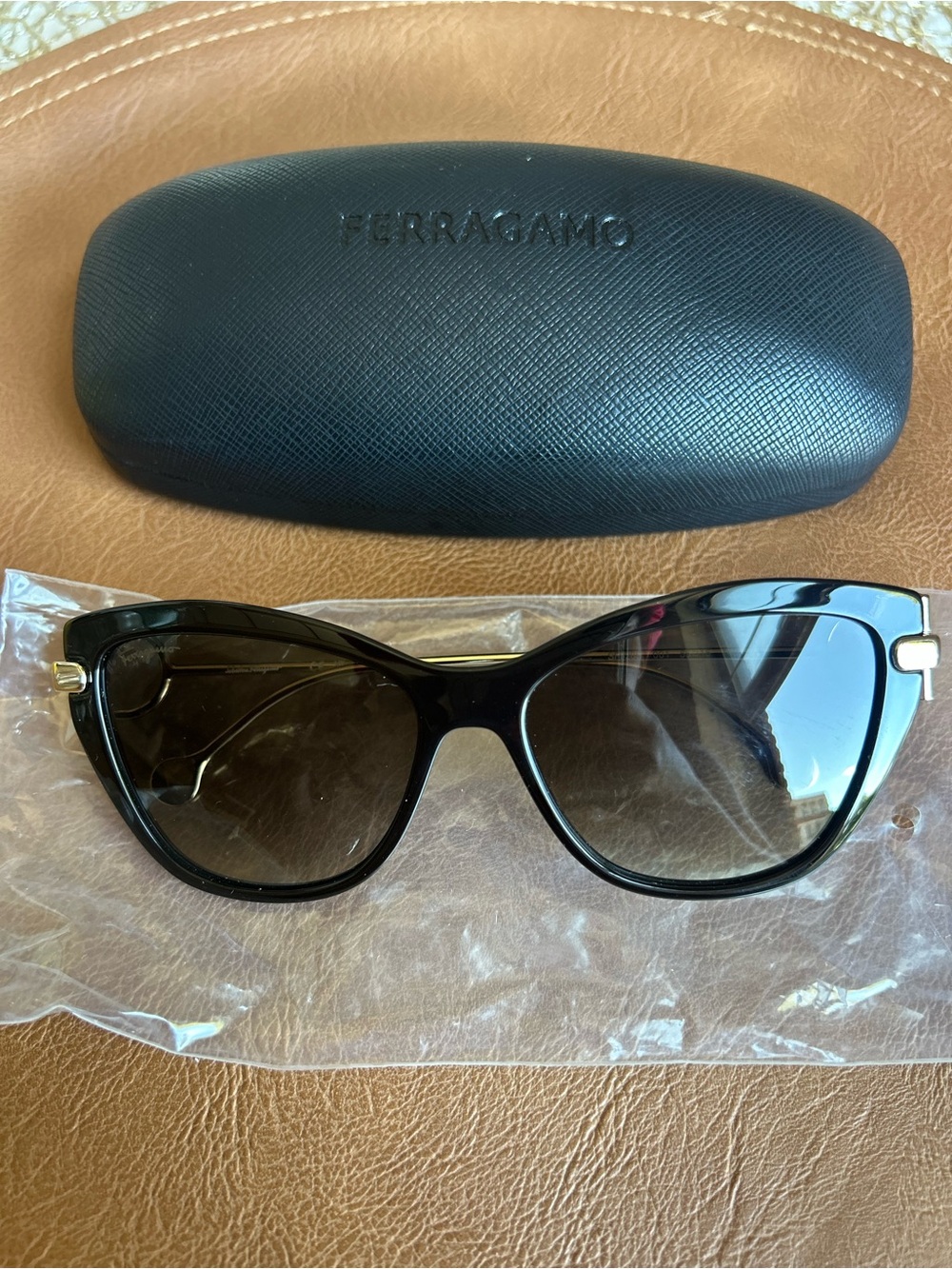 Salvatore Ferragamo Black Cat-Eye Sunglasses with Gold Accents